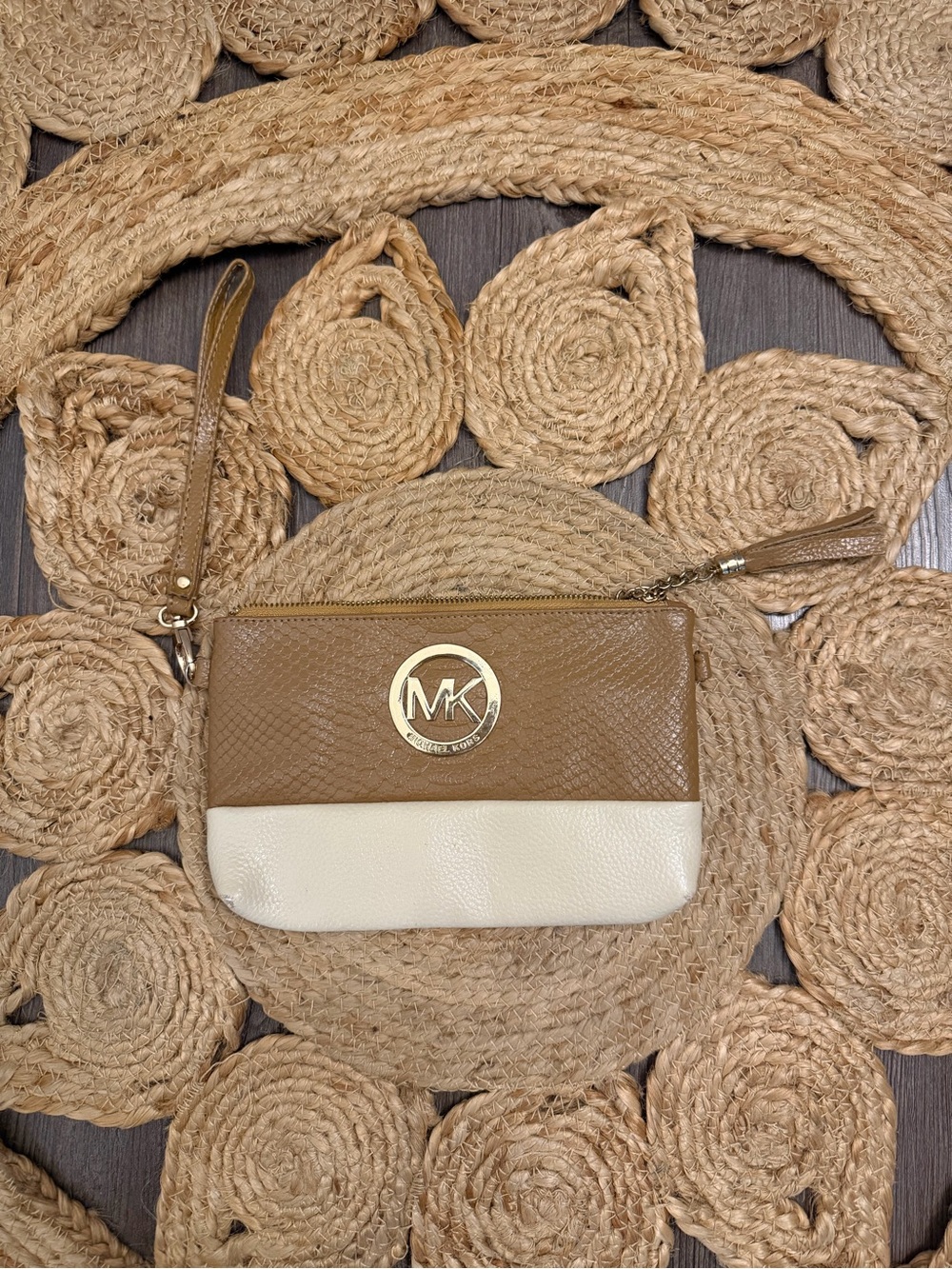 Michael Kors Brown and Cream Leather Wristlet Clutch with Gold MK Emblem